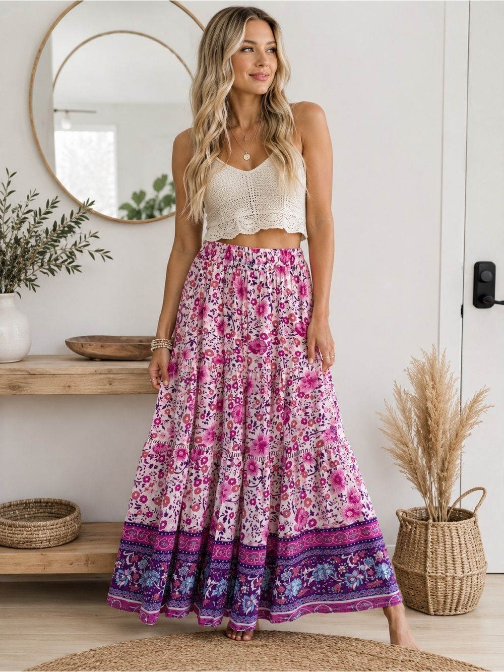 Amazon Boho Chic Pink Floral Tiered Maxi Skirt with Purple Border